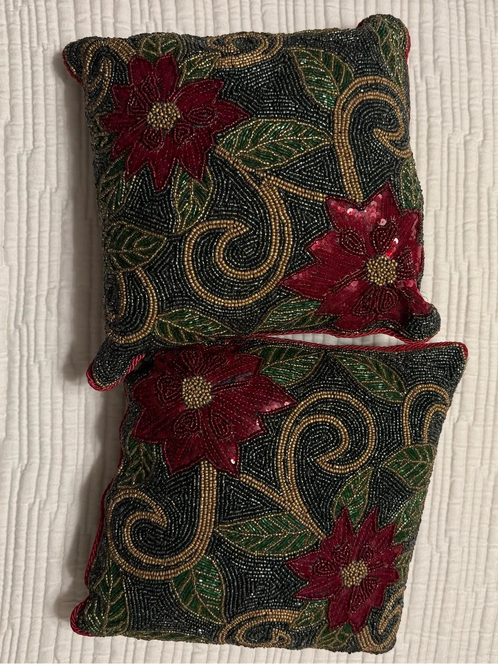 Pier 1 Beaded Poinsettia Holiday Throw Pillows (Two) GORGEOUS